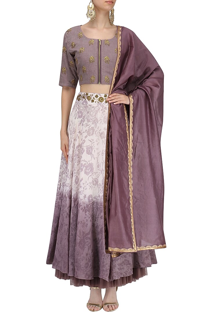 Purple embroidered mesh print lehenga set available only at Pernia's Pop Up Shop.