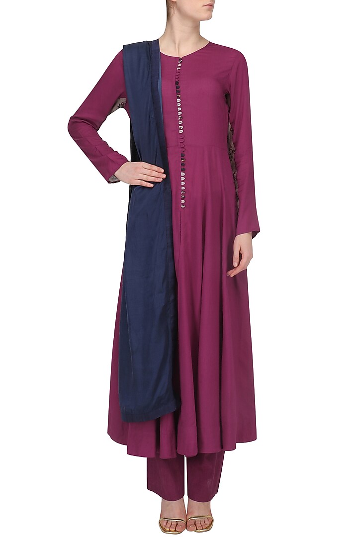 Magenta and navy anarkali set available only at Pernia's Pop Up Shop.
