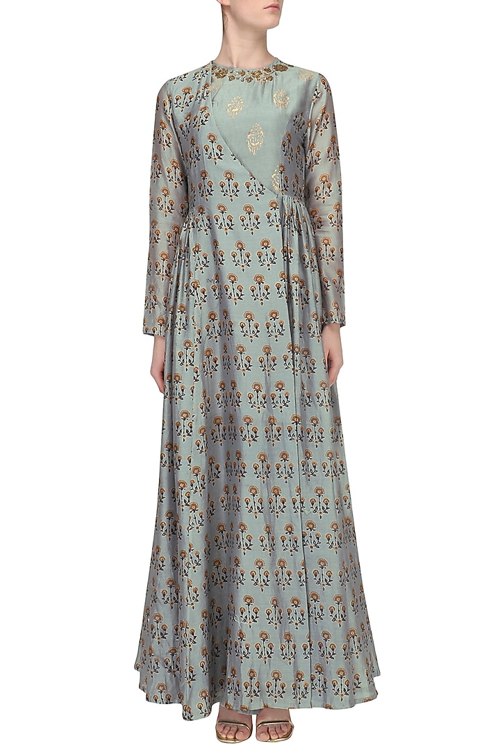 Ash blue floral printed angrakha anarkali available only at Pernia's Pop Up Shop.