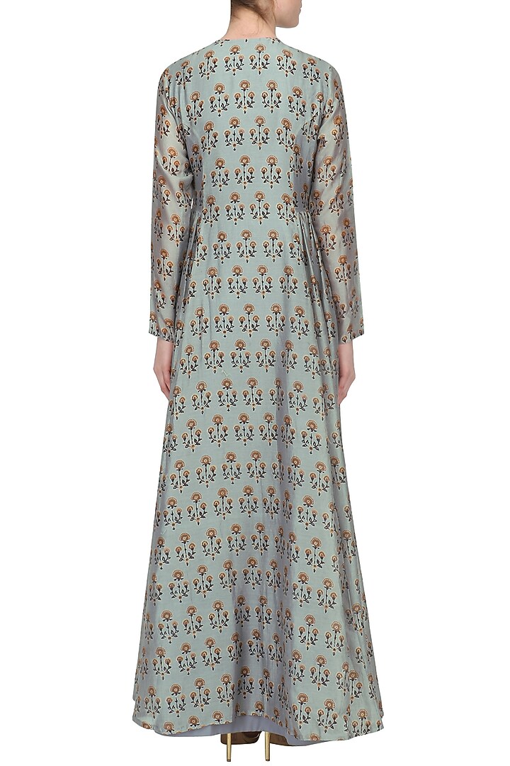 Ash blue floral printed angrakha anarkali available only at Pernia's Pop Up Shop.