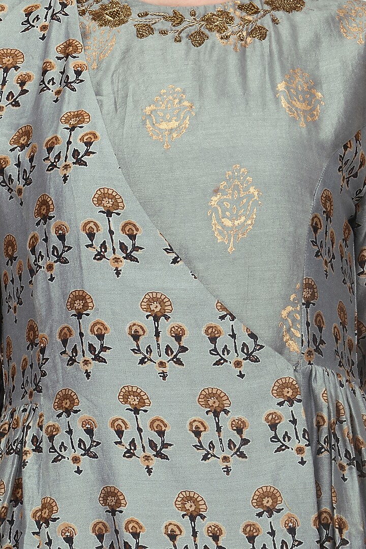 Ash blue floral printed angrakha anarkali available only at Pernia's Pop Up Shop.