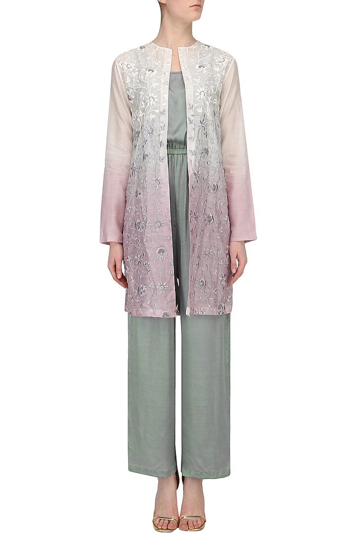 Olive Blue jumpsuit with lilac ombred jacket available only at Pernia's Pop Up Shop.