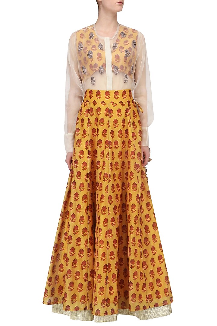 Mustard floral printed lehenga with blouse and white shirt available only at Pernia's Pop Up Shop.