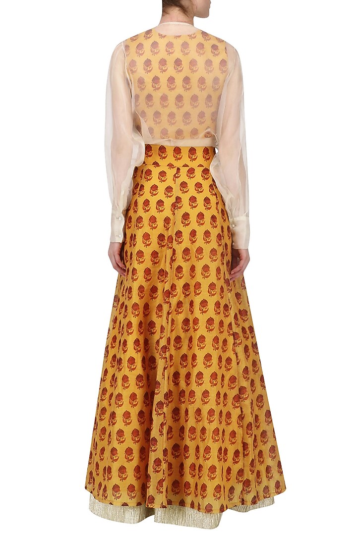 Mustard floral printed lehenga with blouse and white shirt available only at Pernia's Pop Up Shop.