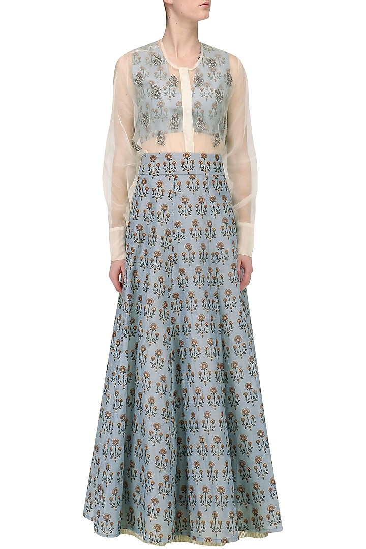 Ash blue floral printed lehenga with blouse and white shirt available only at Pernia's Pop Up Shop.
