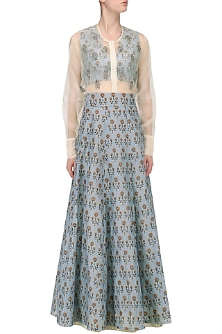 Ash Blue Floral Printed Lehenga with Blouse and White Shirt by Natasha J