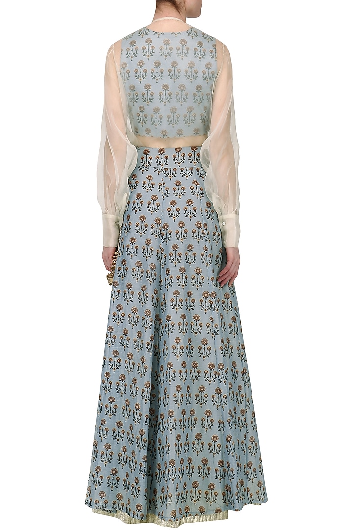 Ash blue floral printed lehenga with blouse and white shirt available only at Pernia's Pop Up Shop.