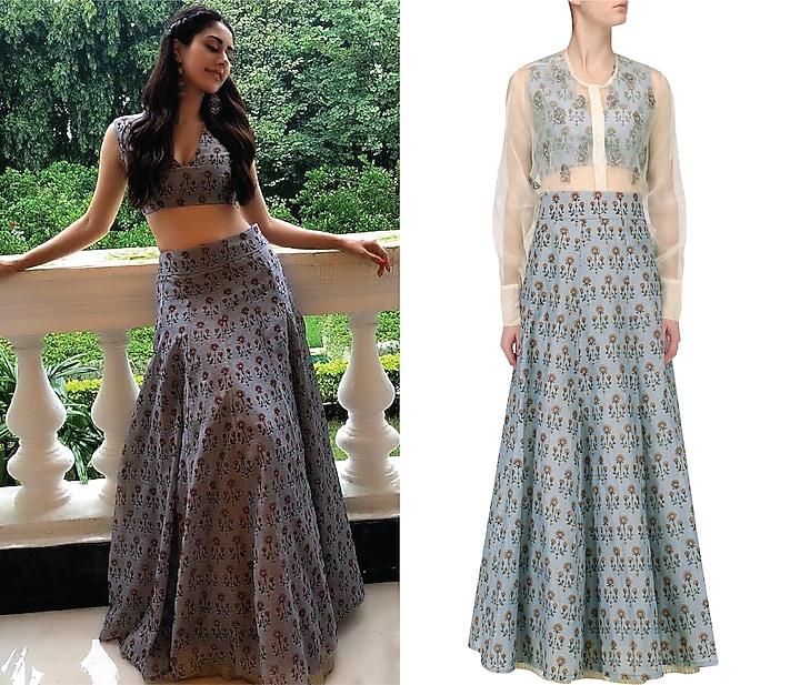 Ash blue floral printed lehenga with blouse and white shirt available only at Pernia's Pop Up Shop.