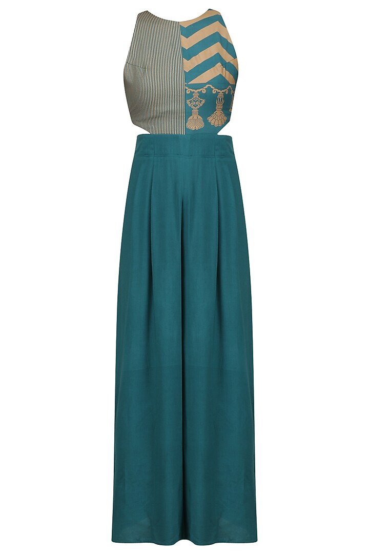 Teal and beige block printed jumpsuit available only at Pernia's Pop Up Shop.