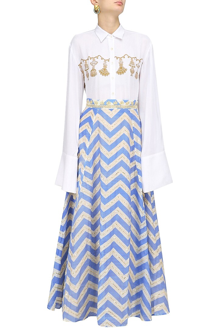 white tassel hanging shirt with blue printed skirt available only at Pernia's Pop Up Shop.