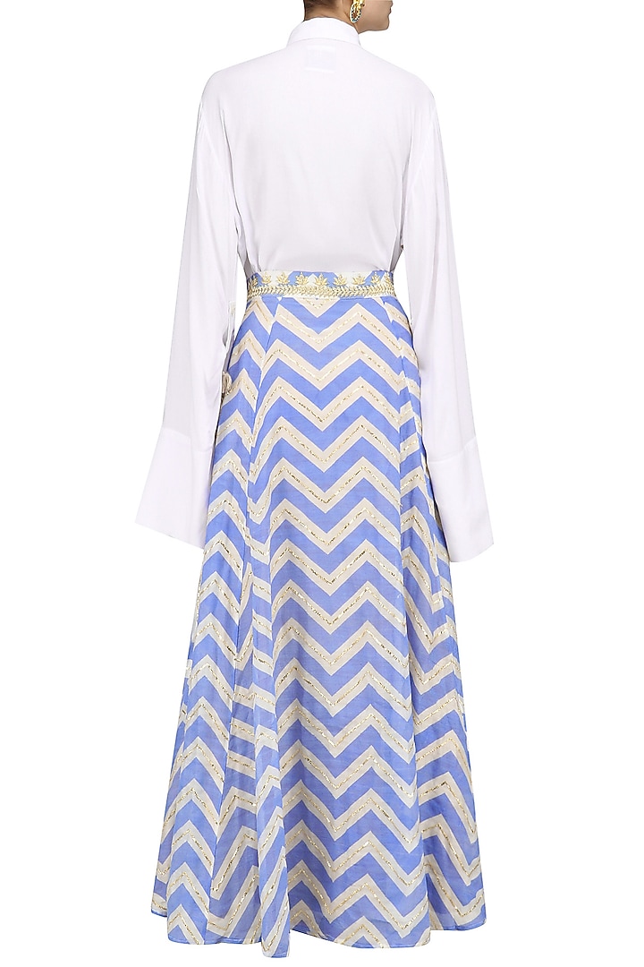 white tassel hanging shirt with blue printed skirt available only at Pernia's Pop Up Shop.