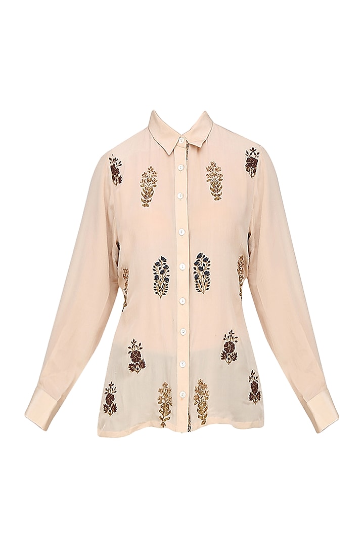 Off White Button Down Floral Embroidered Motifs Shirt by Natasha J