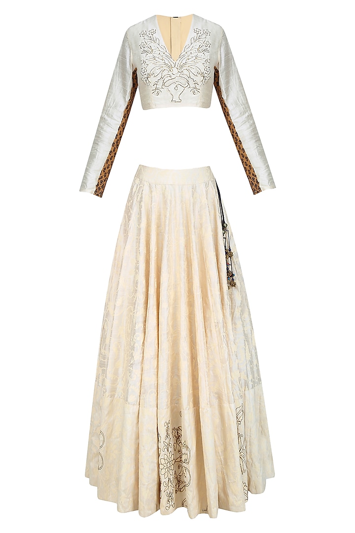 Off White Embroidered Blouse and Lehenga Skirt with Mustard Dupatta by Natasha J
