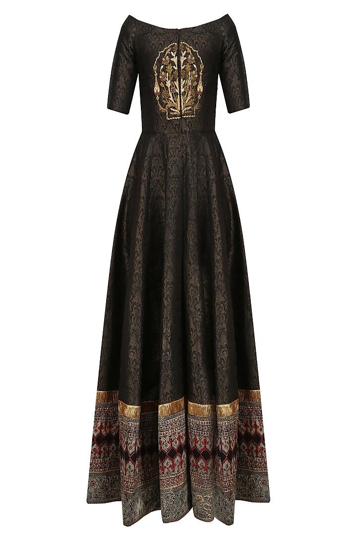 Black Floral Embroidered Off Shoulder Anarkali Gown by Natasha J