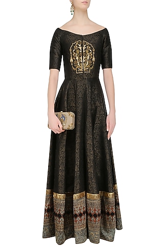 Black Floral Embroidered Off Shoulder Anarkali Gown by Natasha J