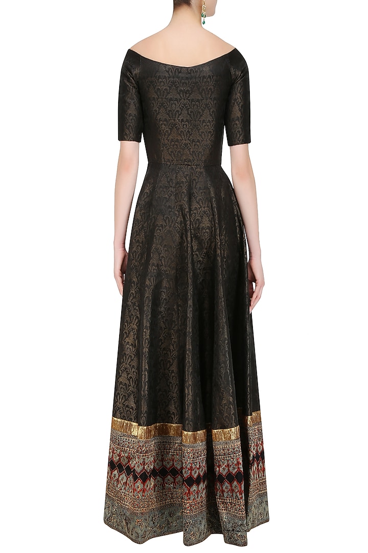 Black floral embroidered off shoulder anarkali gown available only at Pernia's Pop Up Shop.