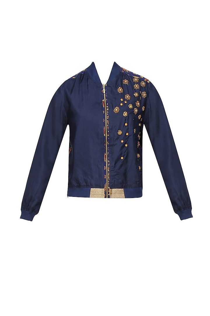 Blue and Gold Zardozi Embroidered Bomber Jacket by Natasha J