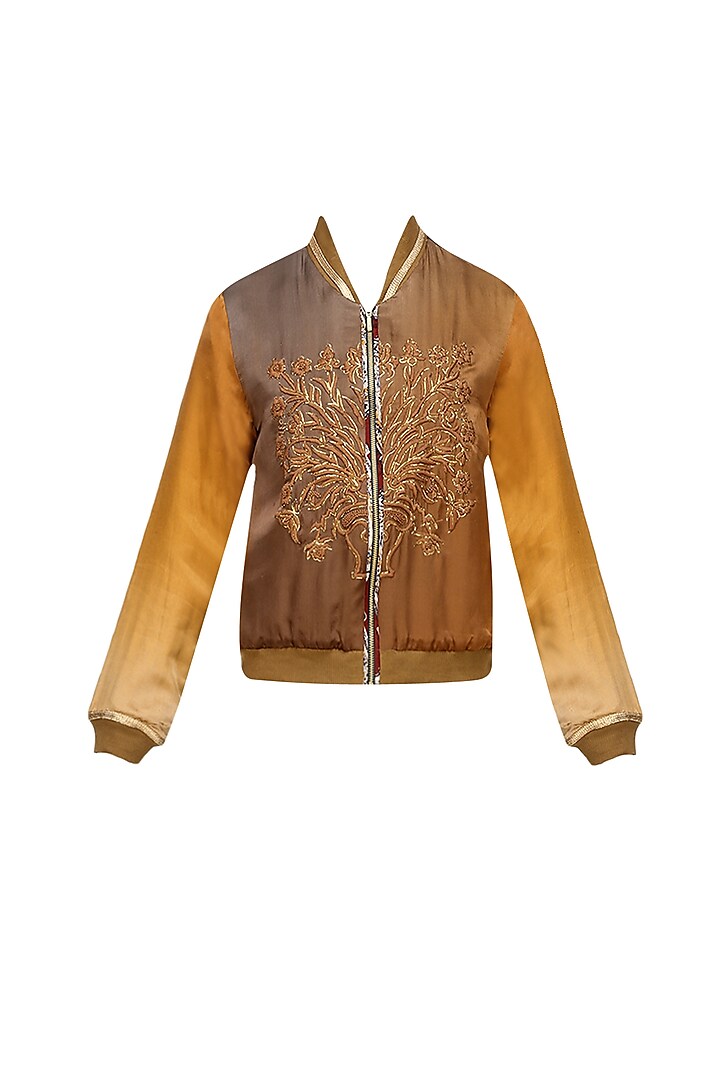 Brown Shaded Thread Embroidered Bomber Jacket by Natasha J