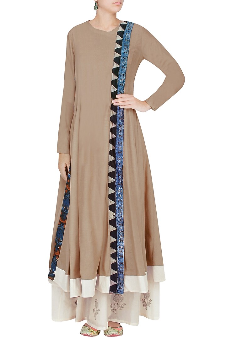 Khakhi printed panel overlap angrakha kurta with off white palazzos available only at Pernia's Pop Up Shop.