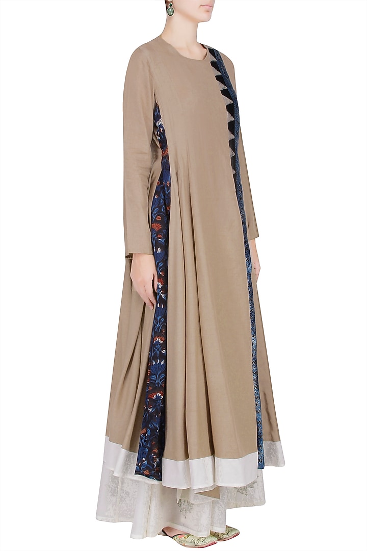 Khakhi printed panel overlap angrakha kurta with off white palazzos available only at Pernia's Pop Up Shop.