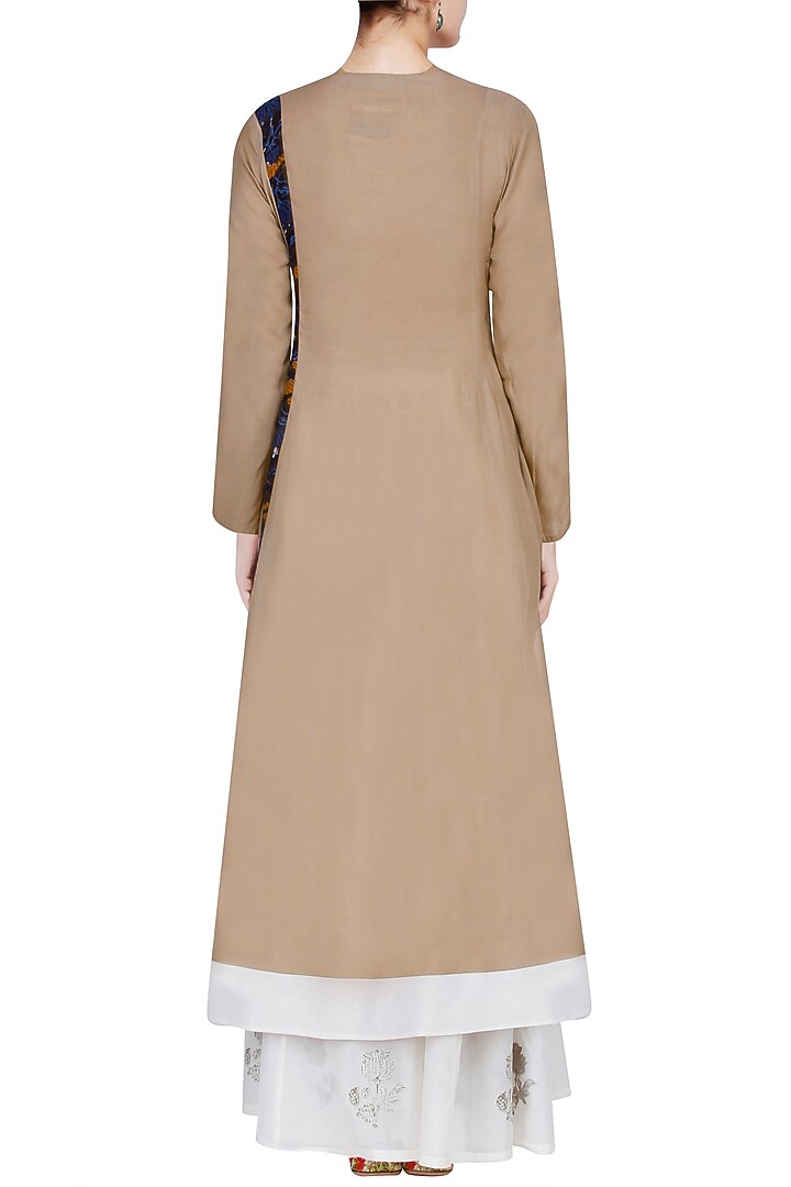 Khakhi printed panel overlap angrakha kurta with off white palazzos available only at Pernia's Pop Up Shop.