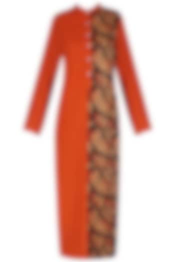Lava orange embroidered motif calf length shirt tunic available only at Pernia's Pop Up Shop.