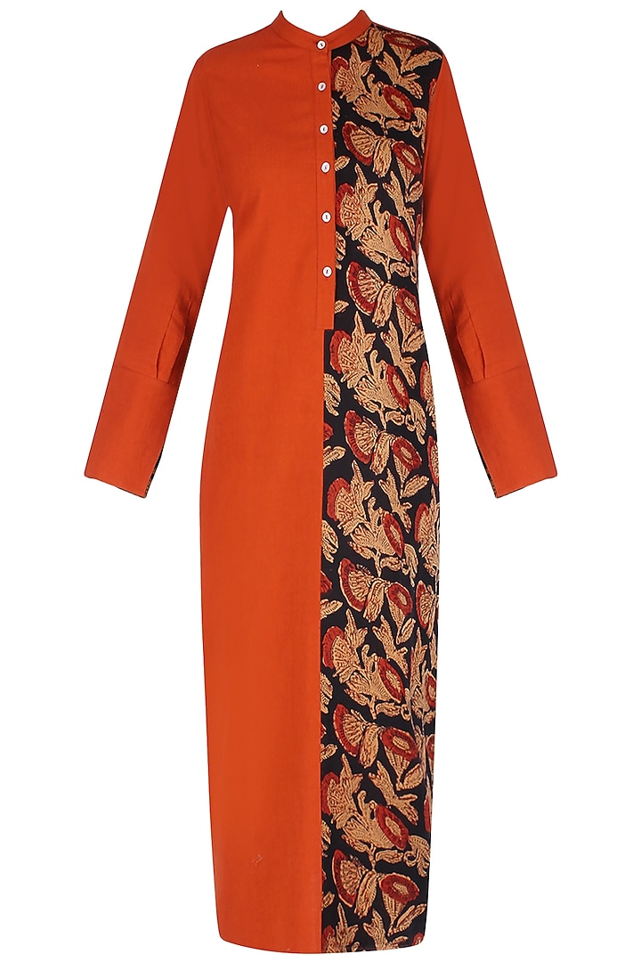 Lava orange embroidered motif calf length shirt tunic available only at Pernia's Pop Up Shop.