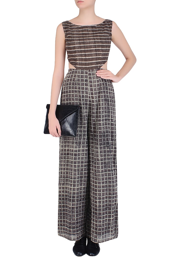 Grey and white mixed print flared bottom jumpsuit available only at Pernia's Pop Up Shop.