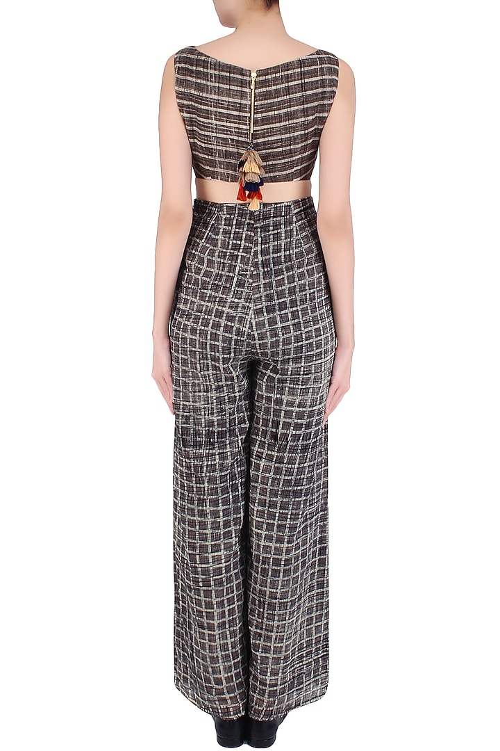Grey and white mixed print flared bottom jumpsuit available only at Pernia's Pop Up Shop.