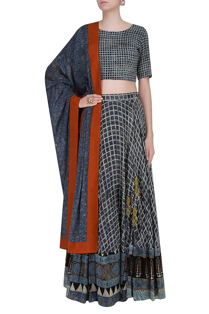 Navy and white printed lehenga set available only at Pernia's Pop Up Shop
