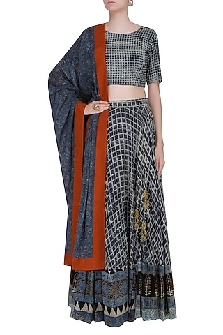 Navy and White Printed Lehenga Set by Natasha J