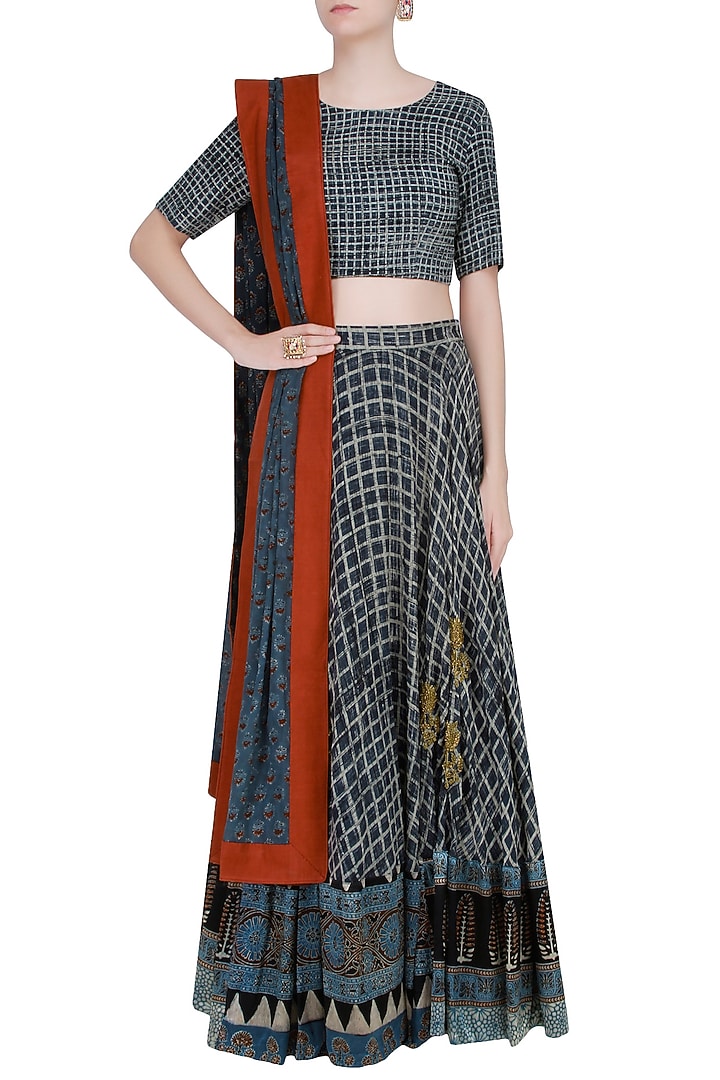 Navy and white printed lehenga set available only at Pernia's Pop Up Shop