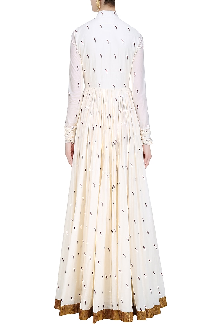 Off white printed parrot motifs angrakha style anarkai with green dupatta available only at Pernia's Pop Up Shop.