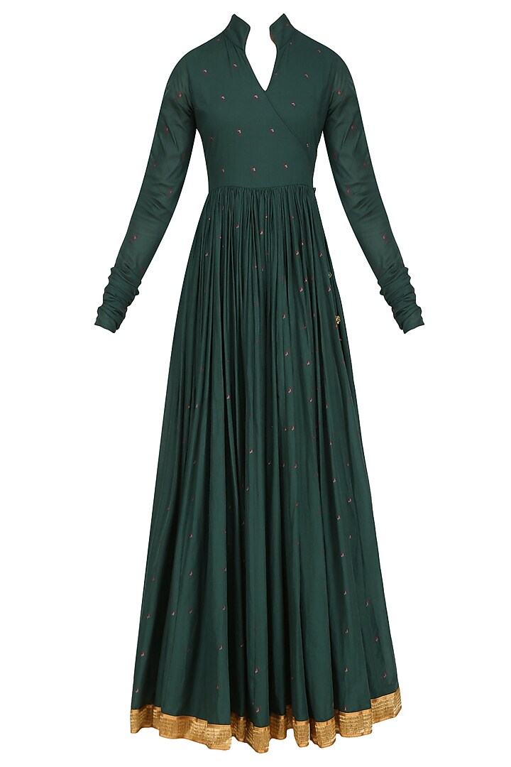 Dark green printed parrot motifs angrakha style anarkai with navy blue dupatta available only at Pernia's Pop Up Shop.