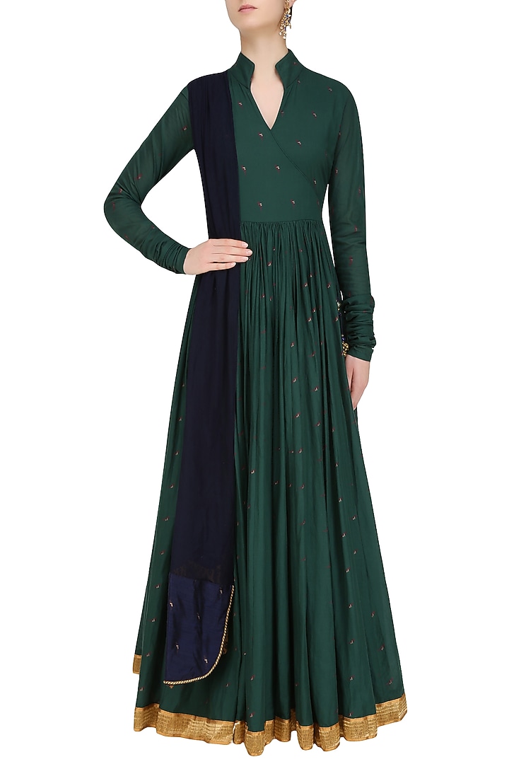Dark green printed parrot motifs angrakha style anarkai with navy blue dupatta available only at Pernia's Pop Up Shop.