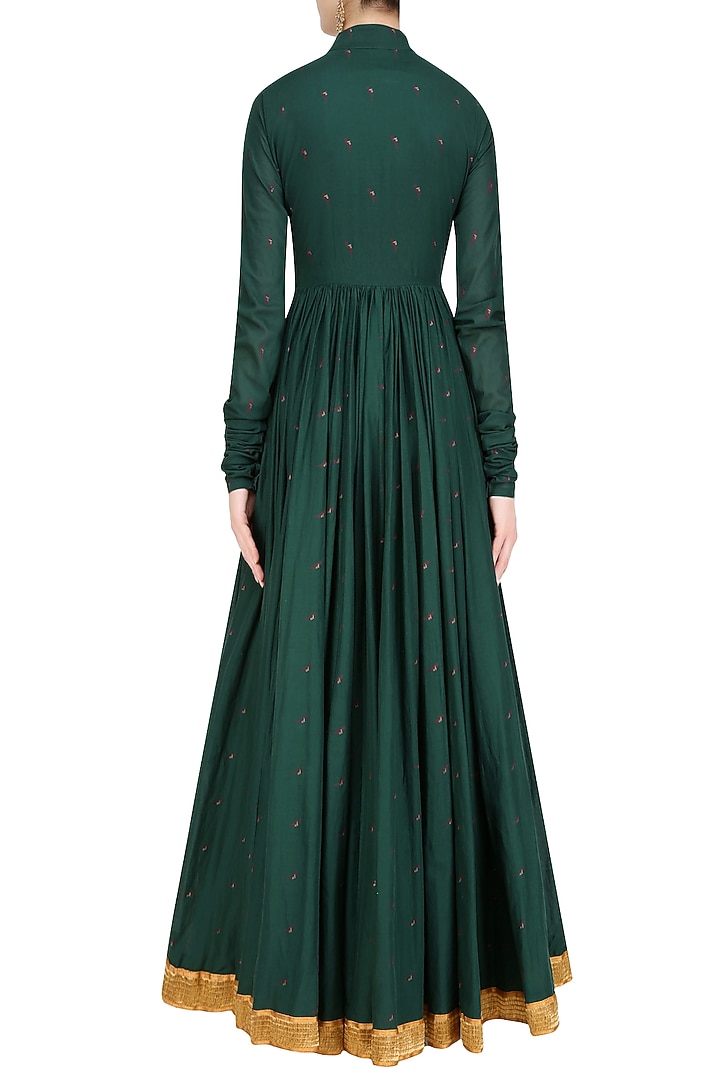Dark green printed parrot motifs angrakha style anarkai with navy blue dupatta available only at Pernia's Pop Up Shop.