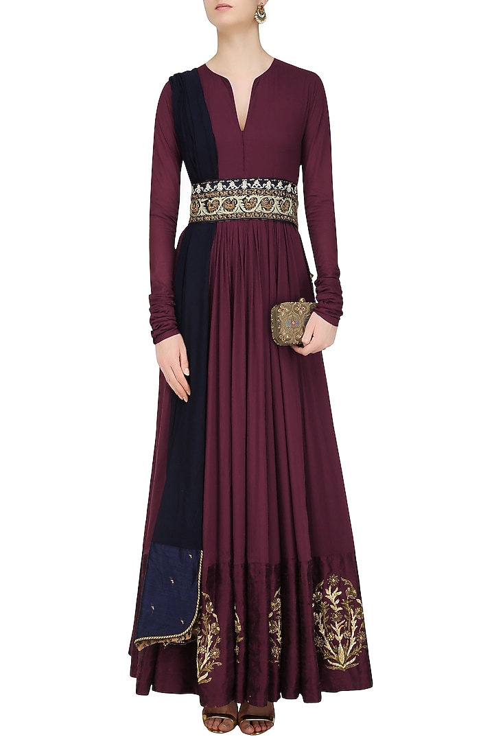 Mauve zardozi motifs floor length anarkali with embroidered waistbelt available only at Pernia's Pop Up Shop.