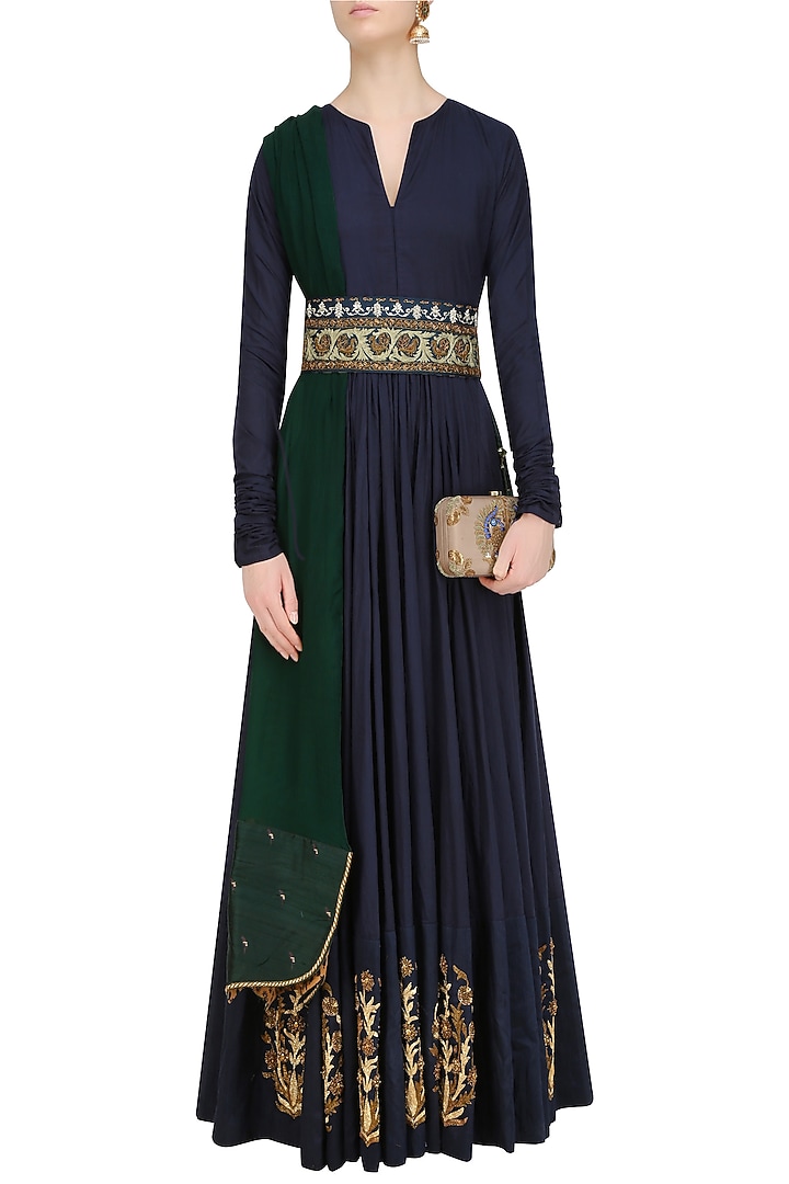 Navy blue zardozi motifs floor length anarkali with embroidered waistbelt available only at Pernia's Pop Up Shop.