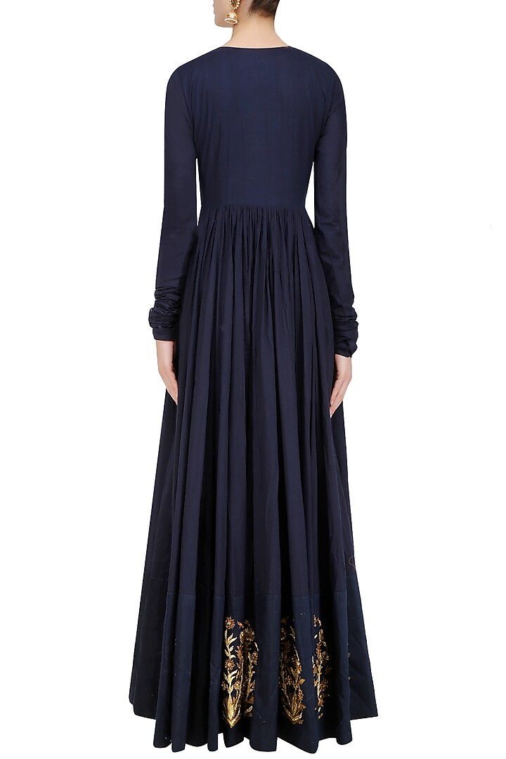 Navy blue zardozi motifs floor length anarkali with embroidered waistbelt available only at Pernia's Pop Up Shop.