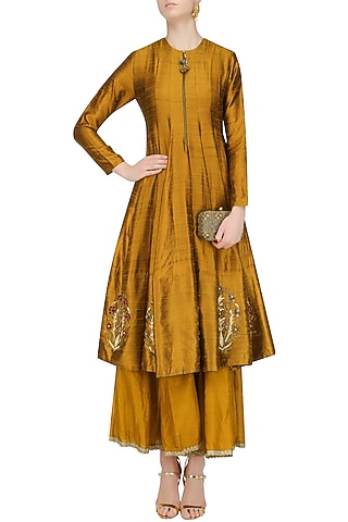 Ochre Zardozi Embroidered Flared Anarkali and Sharara Pants Set by Natasha J