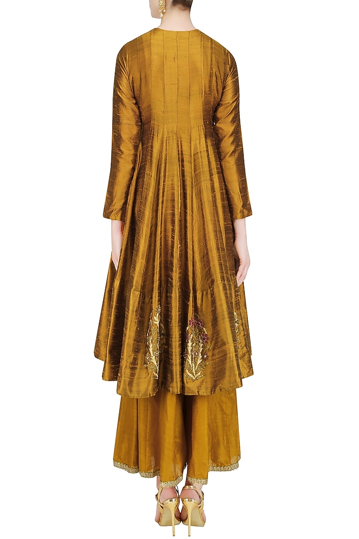 Ochre zardozi embroidered flared anarkali amd sharara pants set available only at Pernia's Pop Up Shop.