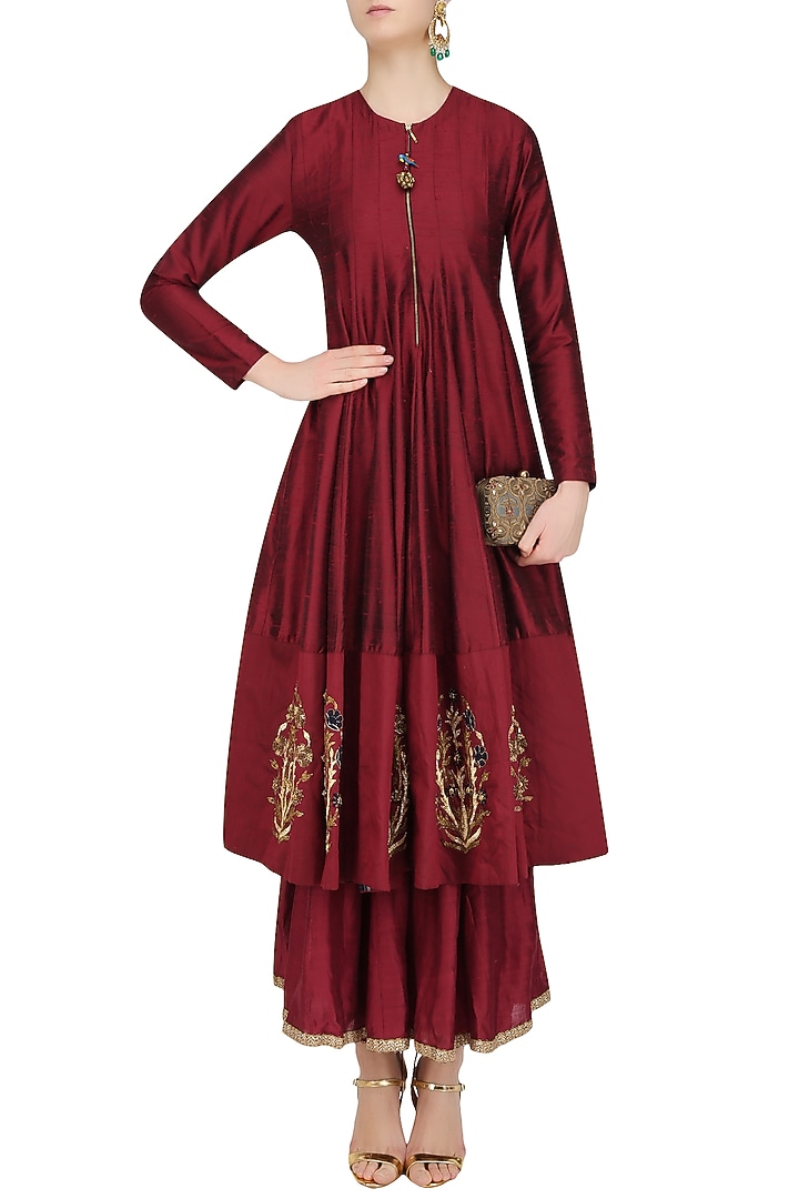 Maroon zardozi motifs floor length anarkali with embroidered waistbelt available only at Pernia's Pop Up Shop.