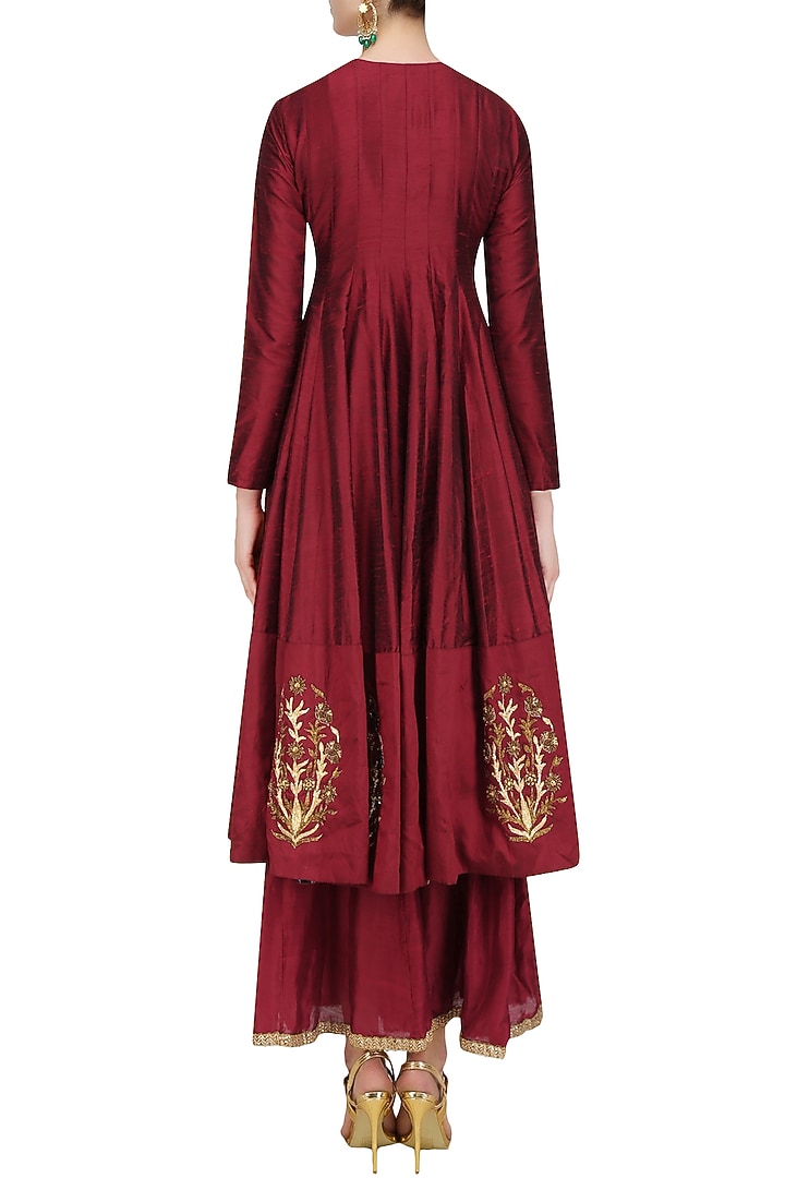 Maroon zardozi motifs floor length anarkali with embroidered waistbelt available only at Pernia's Pop Up Shop.