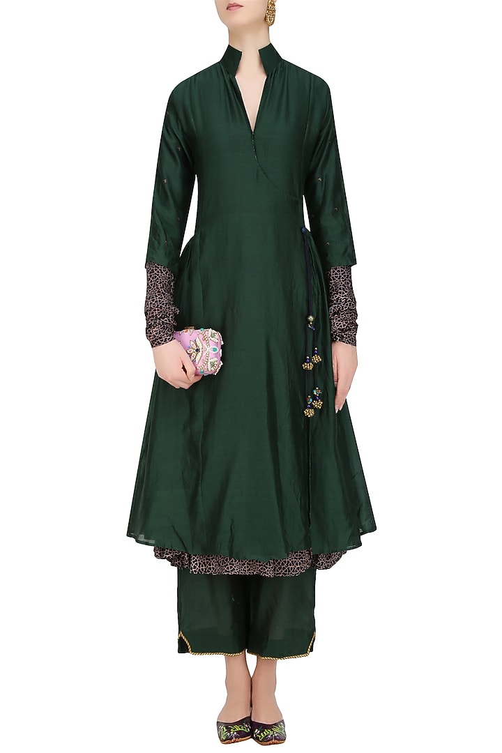 Green bird motifs angrakha style kurta and pants set available only at Pernia's Pop Up Shop.