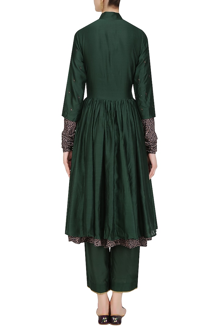 Green bird motifs angrakha style kurta and pants set available only at Pernia's Pop Up Shop.