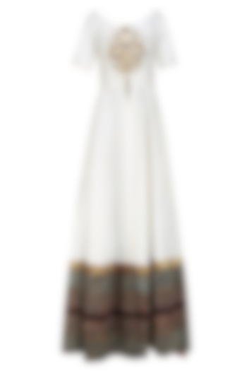 White Zardozi Embroidered off Shoulder Floor Length Anarakli with Gold Pants by Natasha J