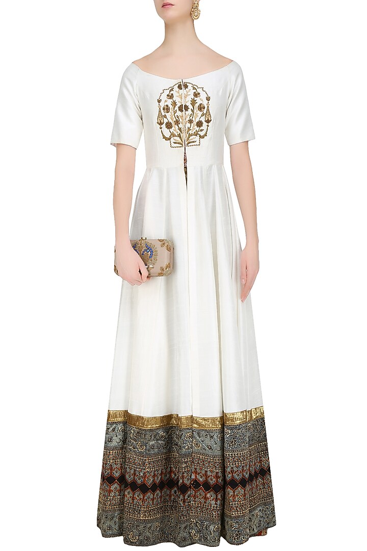White zardozi embroidered off shoulder floor length anarakli with gold pants available only at Pernia's Pop Up Shop.