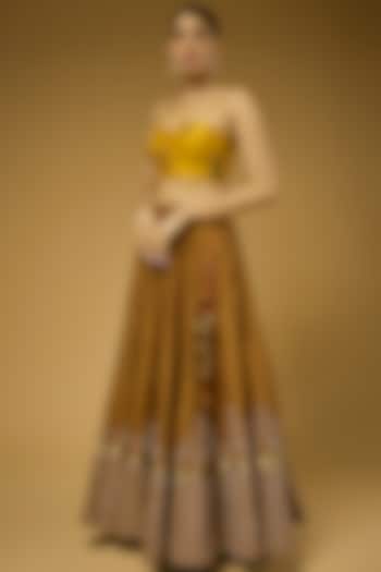 Brown Embroidered Flared Skirt with Ochre Floral Blouse by Natasha J