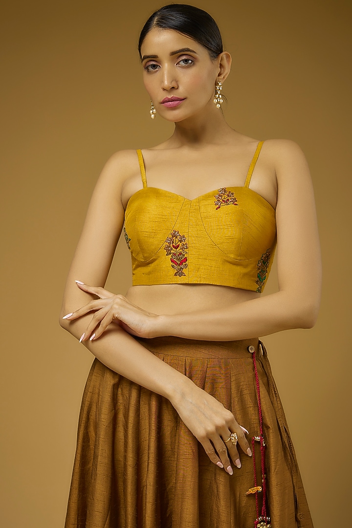 Brown embroidered flared skirt with ochre floral blouse available only at Pernia's Pop Up Shop.