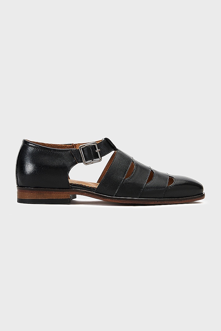 Black Leather Sultan Sandals by Nauvab at Pernia's Pop Up Shop